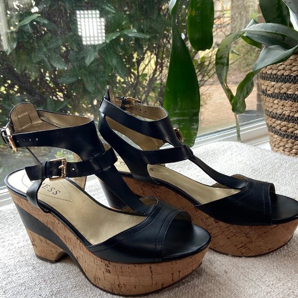 Guess Shoes - Guess T-Strap black Cork Wedge Sandal, S7.5
